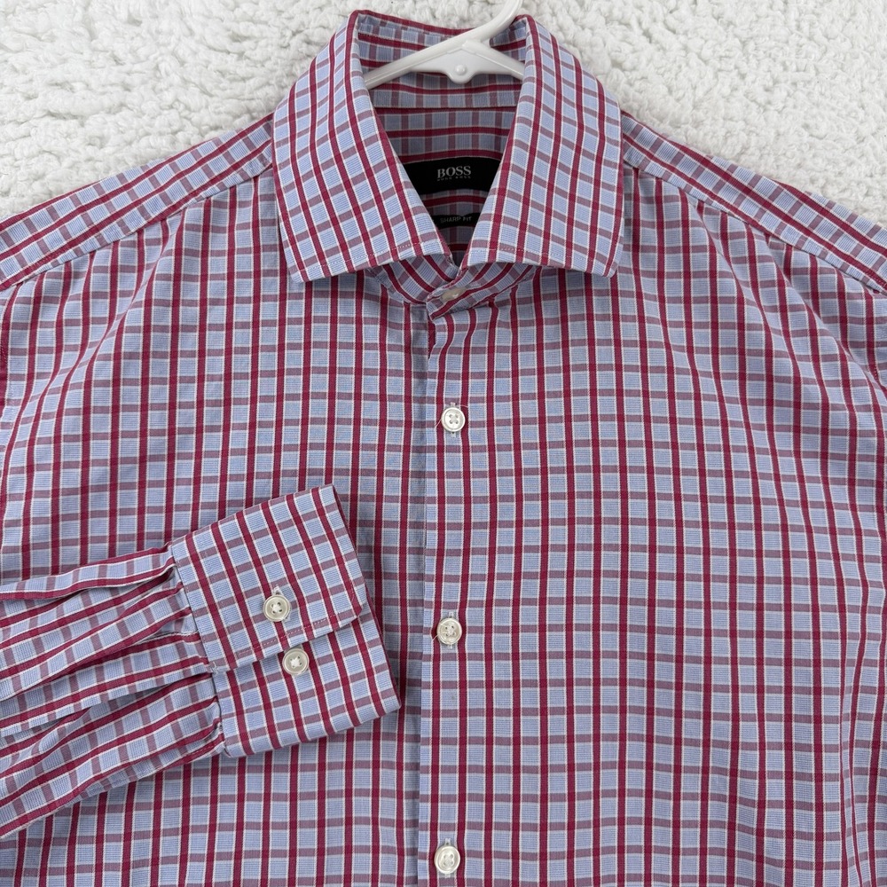 BOSS Hugo Boss Shirt Mens 15.5 34/35 Blue Red Check Sharp Fit Dress Cotton